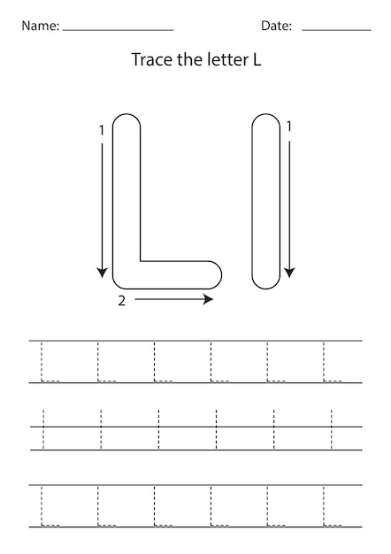 Black and white worksheet for learning English alphabet. Trace letter L.