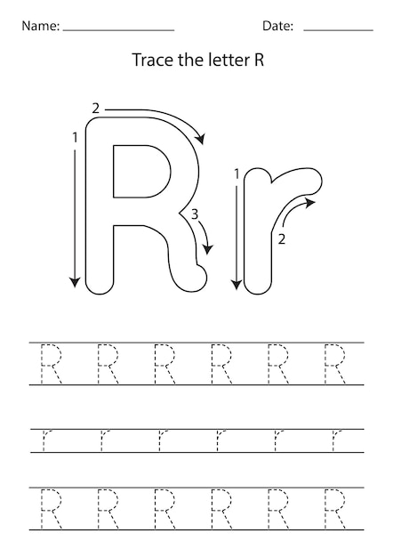 Black and white worksheet for learning English alphabet. Trace letter R.