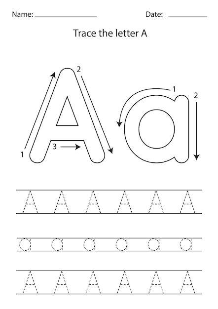 Black and white worksheet for learning English alphabet. Trace letter A.