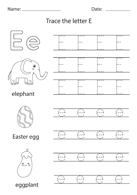 Black and white worksheet for learning English alphabet with pictures. Trace letter E.