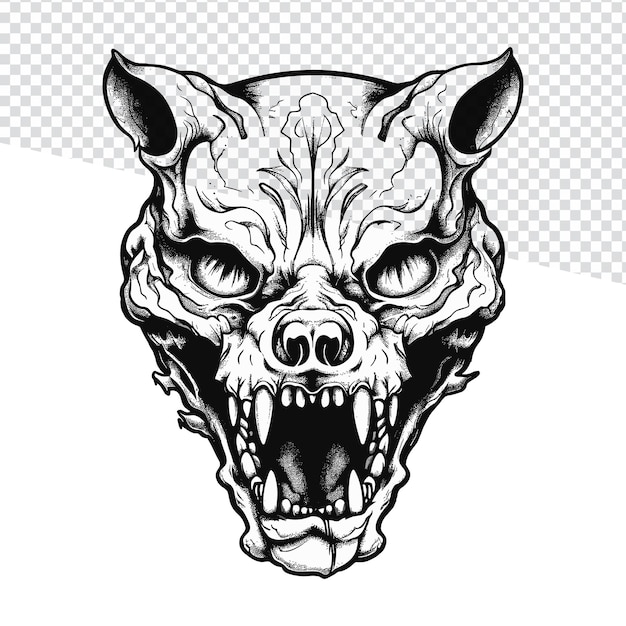 Black and White Zombie Tiger Head Skull Outline Design for Flash Tattoos and Coloring Pages