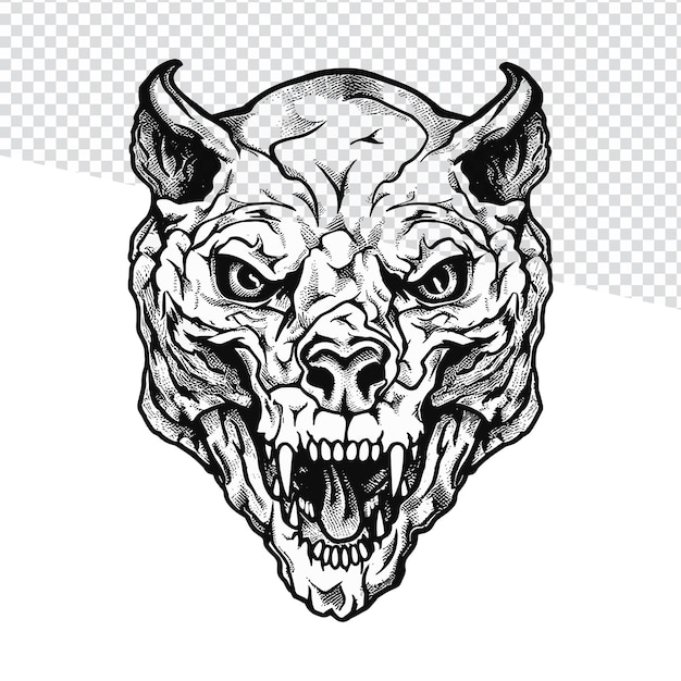 Black and White Zombie Tiger Skull Outline Illustration for Flash Tattoos Coloring Pages and Doodl