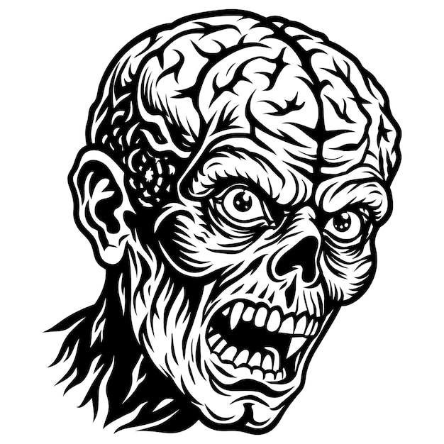 Vector black and white zombie with detailed brain sharp teeth and eerie expression for halloween designs