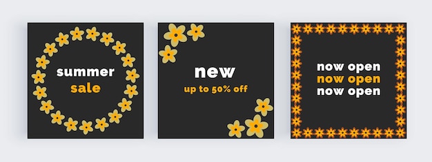 Black with retro flowers banners template for social media posts