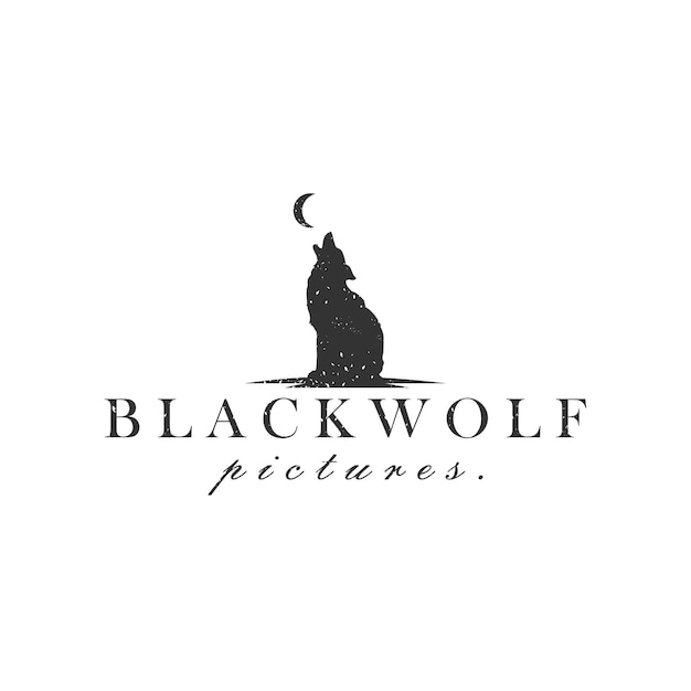 Black Wolf Fox Dog Coyote Jackal on the Rock Rustic Vintage Silhouette Retro Hipster Logo Design