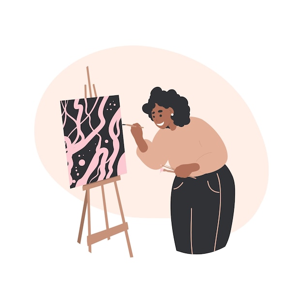 Black Woman Artist painting picture on canvas, easel, creative woman making artwork, collection