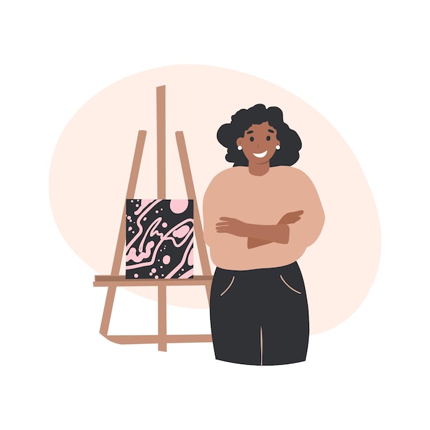 Black woman artist stands near the easel,Hobby, painting, art studio, art classes, workshop concept