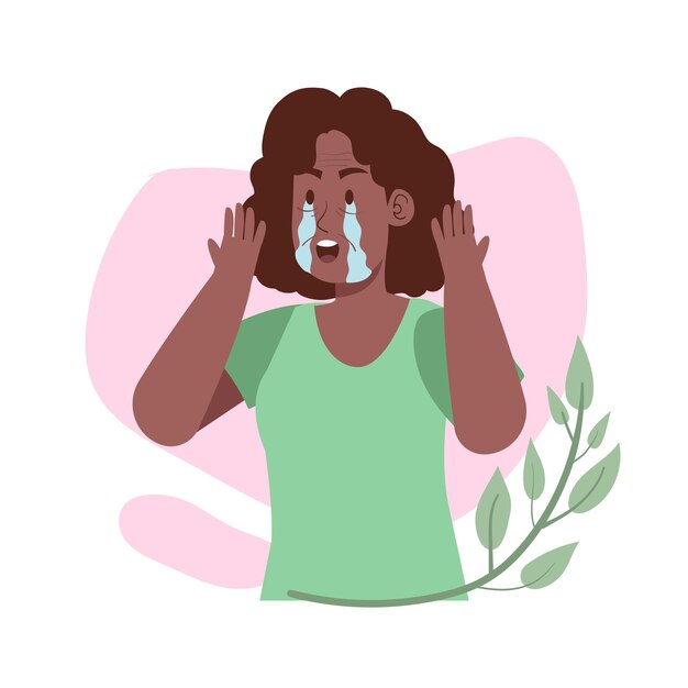 black woman cry and sad with wrinkles aging face skin problem illustration