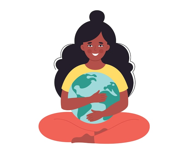 Black woman hugging Earth globe Earth Day saving planet nature protect ecological awareness