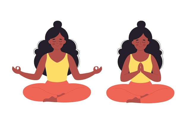 Black woman meditating in lotus pose. Healthy lifestyle, yoga, breathing exercise. World yoga day