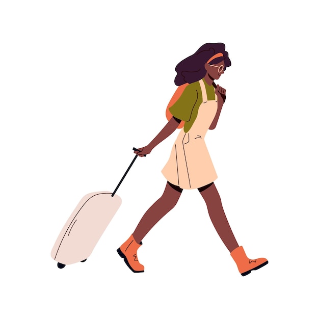 Black woman pulling wheel baggage suitcase Young girl tourist going carrying spinner luggage and bag Passenger travels on summer vacation Flat vector illustration isolated on white background