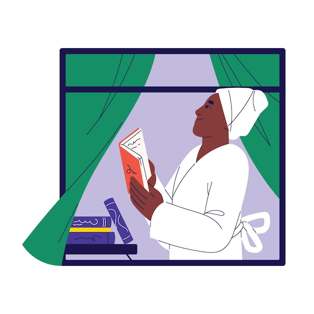 Vector black woman reading book in window people do morning routine person wearing white bathrobe after bathing relax on weekend female rest on holiday girl do self care flat vector illustration