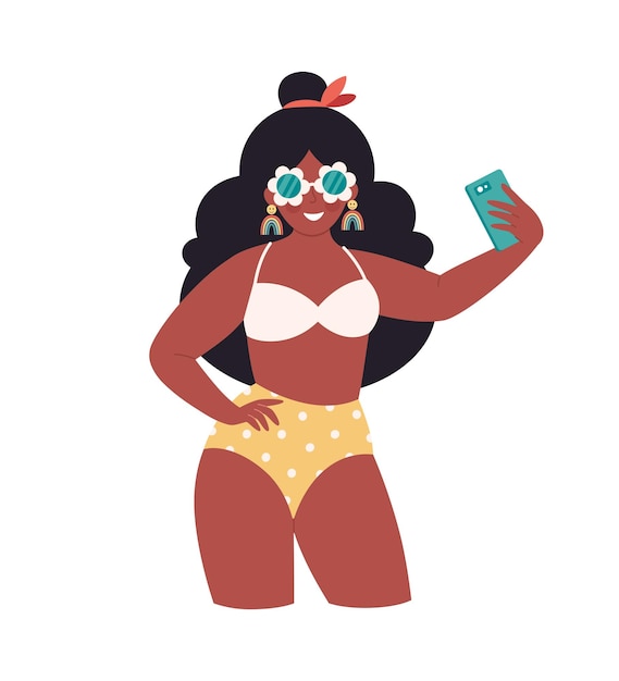 Black woman in retro glasses and swimsuit making selfie or resording video Hello summer