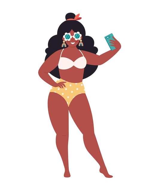 Black woman in retro glasses and swimsuit making selfie or resording video Hello summer