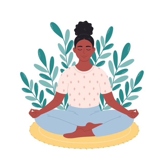 Black woman sitting in lotus pose and meditating on mat. Mental health care, relaxation, recreation