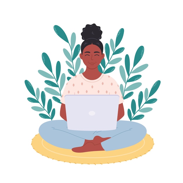 Black woman sitting with laptop. Woman working on computer. Freelance, work from home, remote work