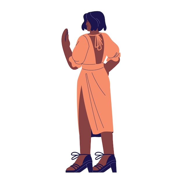 Black woman standing back view Girl wearing dress clothes in elegant style romantic person in lovely outfit looks away Fashionable female character flat isolated vector illustration on white