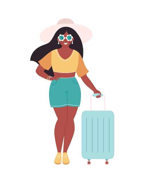 Black woman tourist with travel bag or luggage. Summer vacation, summer traveling, summertime.