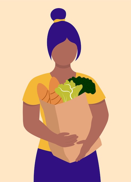 Black Woman With Food Bag Concept Vector Illustration In Flat Style