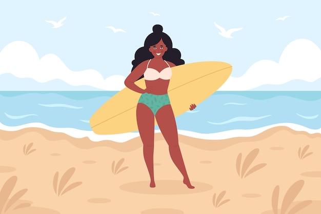 Black woman with surfboard on the beach. Summer activity, summertime, surfing. Hello summer.