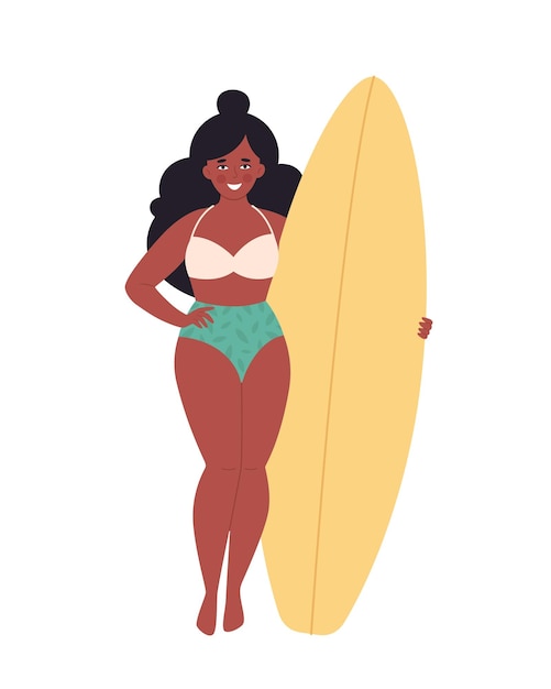 Black woman with surfboard. Summer activity, summertime, surfing. Hello summer.