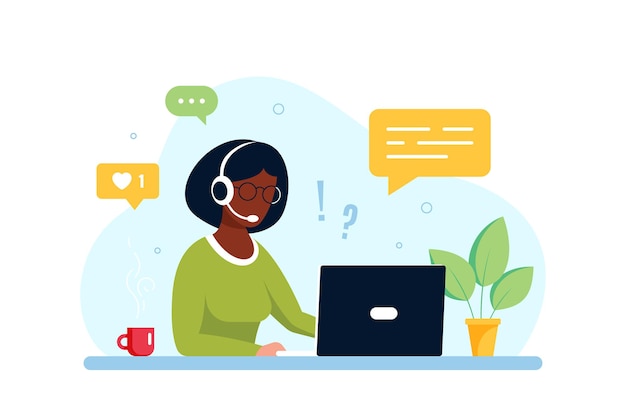 Black woman with with laptop and headphones with microphone. Tech support, assistance, call center and customer service concept. Flat style vector illustration