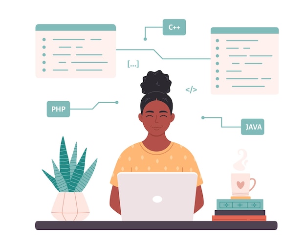 Black woman working on laptop. Woman IT developer. Programming code. Freelance, remote working