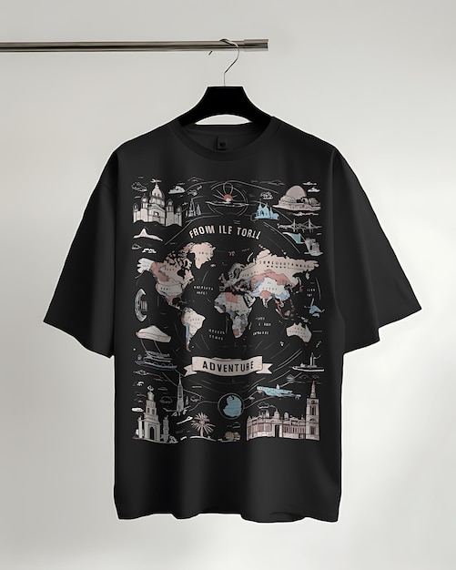 Vector a black world travel t shirt with a picture of a man and the words new york on it