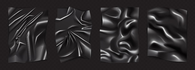 Vector black wrinkled rectangular sheet with latex texture set realistic plastic food packaging