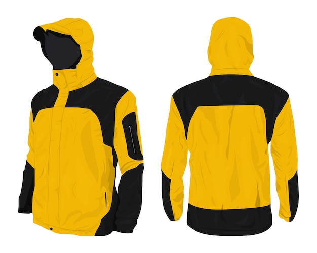 Black and yellow hooded mountain jacket mockup front and back view