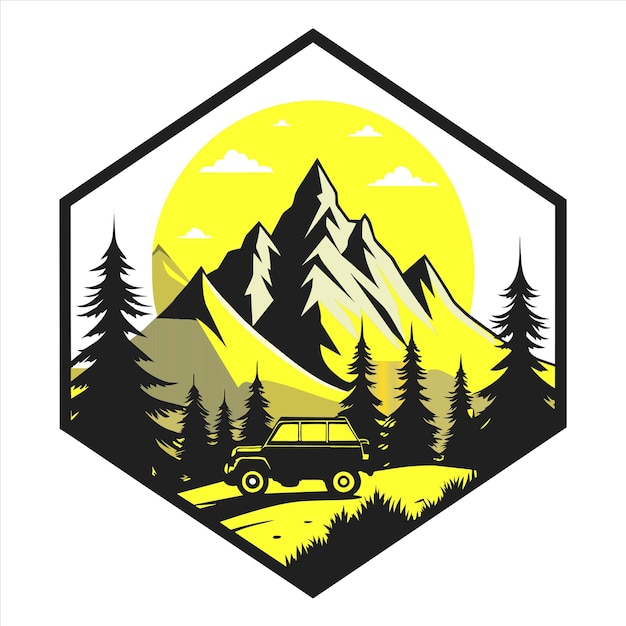 a black and yellow image of a mountain landscape with a car and mountains in the background