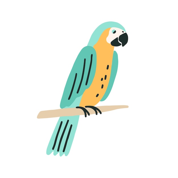 Black-and-yellow macaw sitting on tree branch. Colorful ara with bright feathers. Exotic bird with long tail. Colorful flat vector illustration of parakeet isolated on white background.