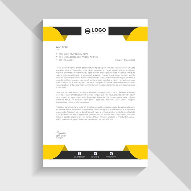 Black and yellow modern letterhead design template