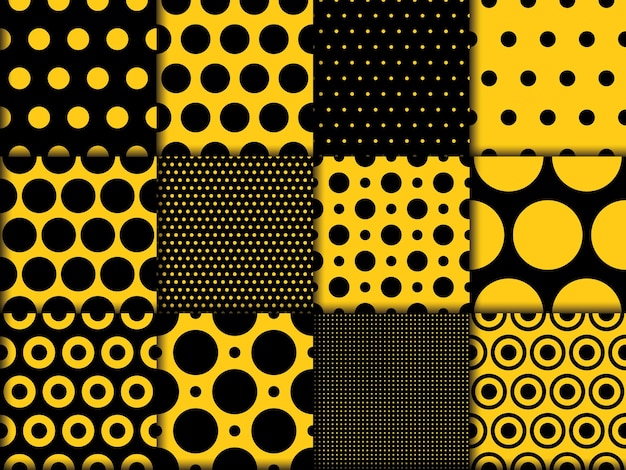 Black and yellow polkadot seamless patterns set collection