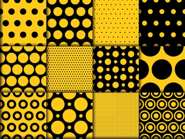 Black and yellow polkadot seamless patterns set collection