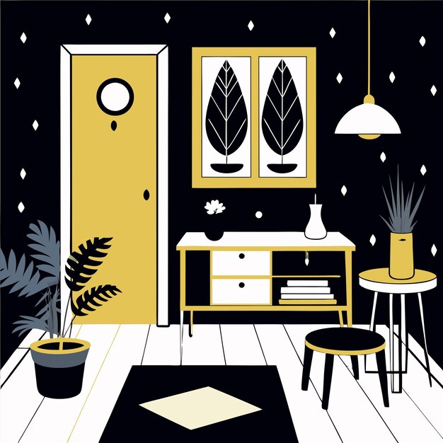 Vector a black and yellow room with a yellow door and a plant on the table