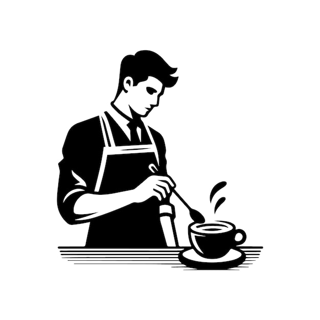 blackandwhite vector illustration of a barista wearing an apron preparing