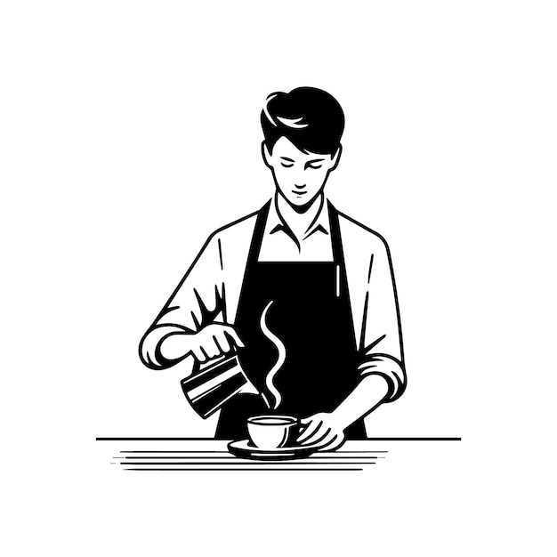 blackandwhite vector illustration of a barista wearing an apron preparing