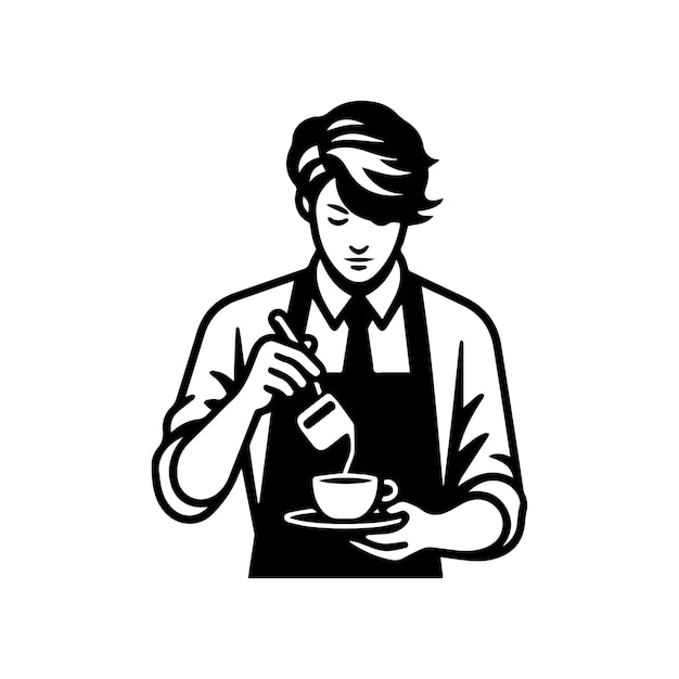 blackandwhite vector illustration of a barista wearing an apron preparing