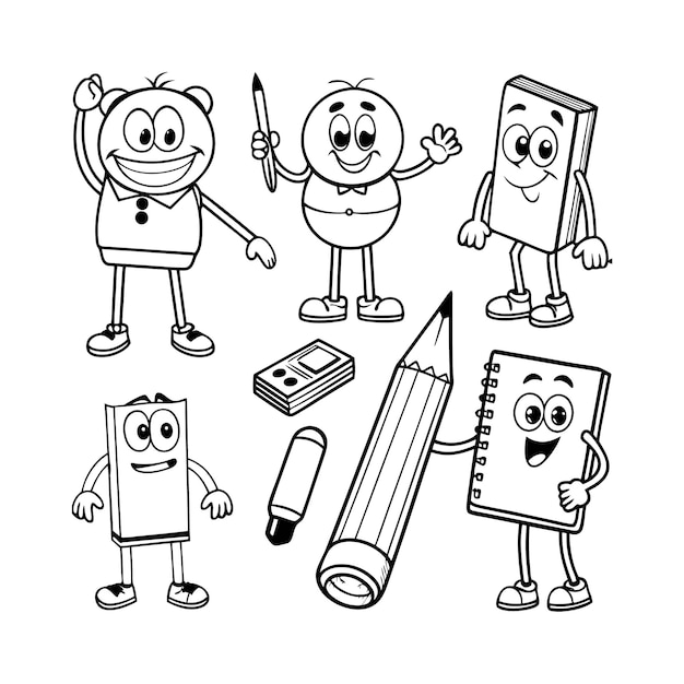 a blackandwhite vector illustration featuring eight different school supplies as