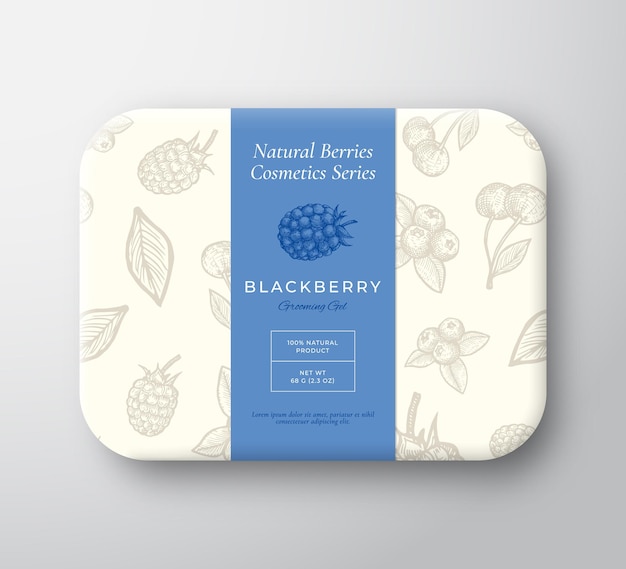 Blackberry Bath Cosmetics Package Box Abstract Vector Wrapped Paper Container with Label Cover Packaging Design Modern Typography and Hand Drawn Berries Background Pattern Layout