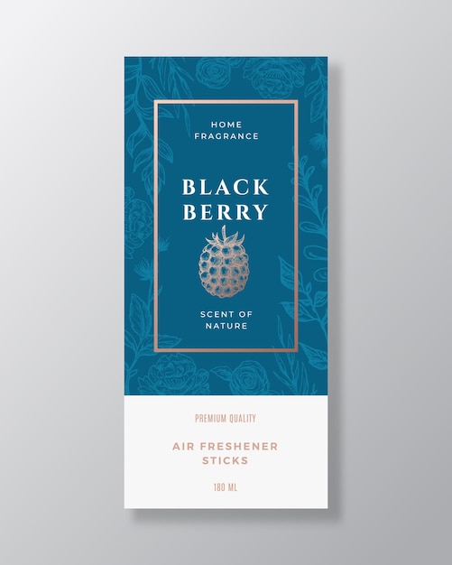 Blackberry Home Fragrance Abstract Vector Label Template Hand Drawn Sketch Flowers Leaves Background and Retro Typography Premium Room Perfume Packaging Design Layout Realistic Mockup