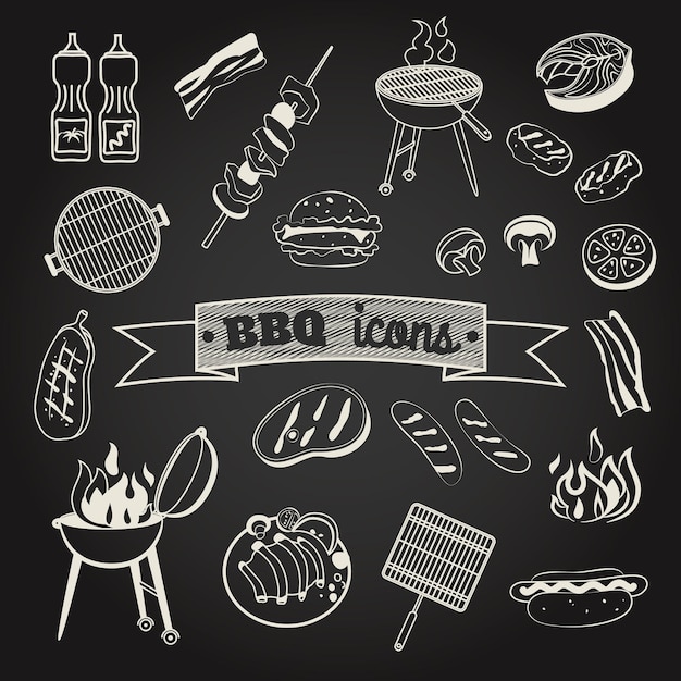 Vector blackboard background bbq icon set