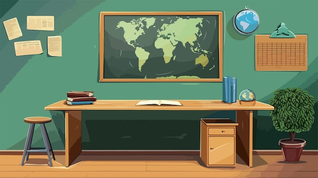 Vector blackboard with earth planet map on desk