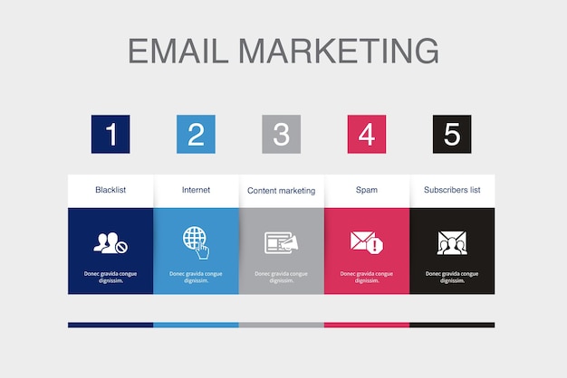 Blacklist internet content marketing spam subscribers list icons Infographic design layout template Creative presentation concept with 5 steps