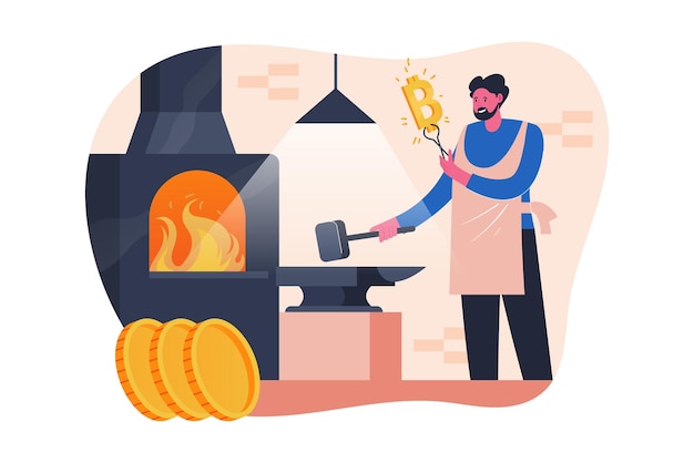 Vector blacksmith forging bitcoin currency symbol flat vector illustration