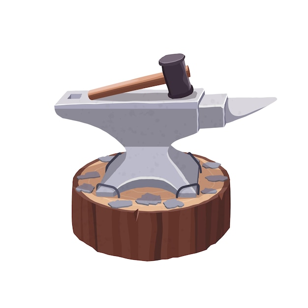 A blacksmith's hammer. Anvil on a wooden stand. Blacksmithing.  illustration on a white background.