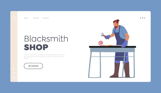 Blacksmith Shop Landing Page Template Male Character Hitting Iron Piece with Hammer Man Wear Apron Work with Instruments Professional Master Working with Metal Cartoon People Vector Illustration