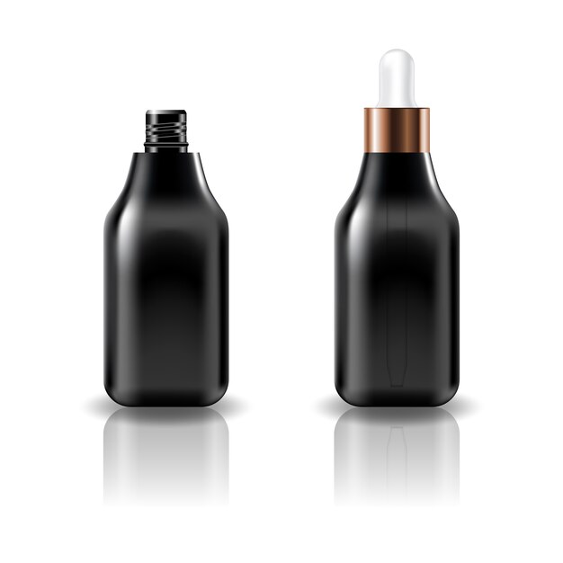 Blank black square cosmetic bottle with white dropper lid.