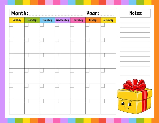 Blank calendar template for one month without dates Colorful design with a cute character